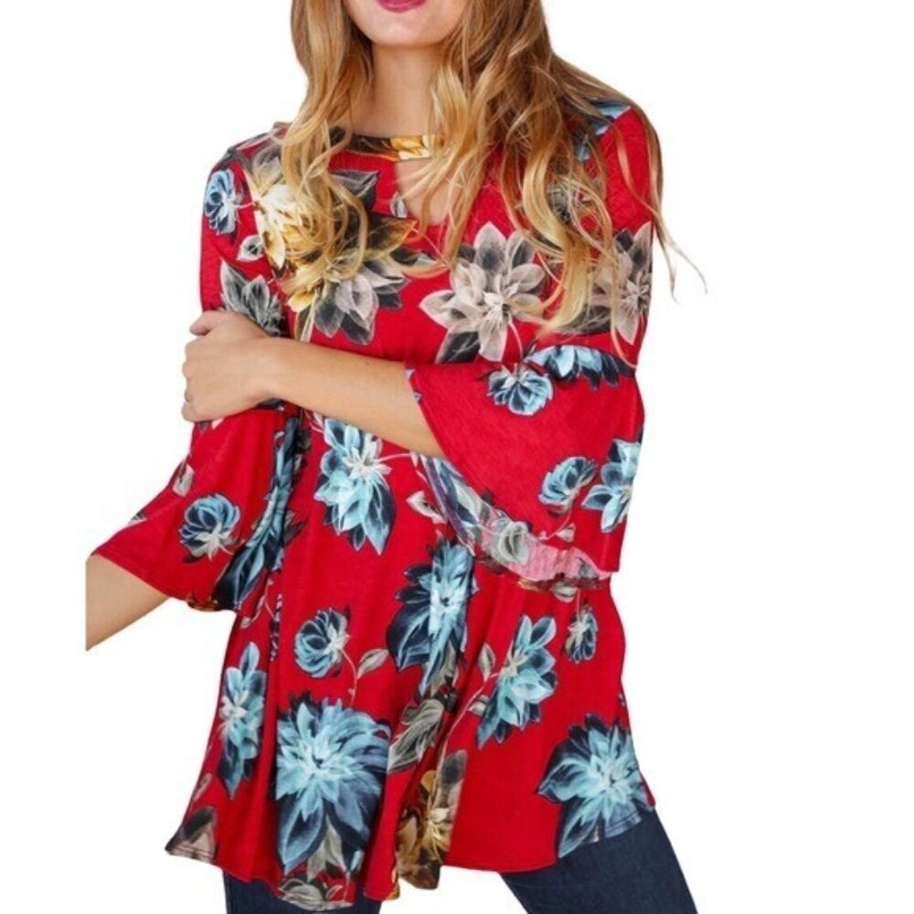 Floral Tunic Top Women Size Medium Summer Red Tropical Bell Sleeve Flowy